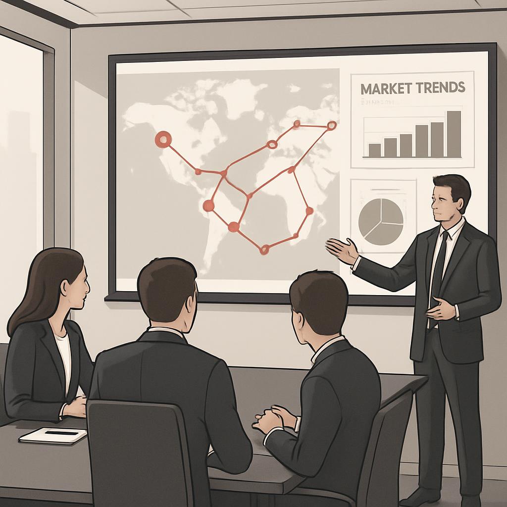 Individuals wearing business attire while analyzing a world map on a projector screen with a focus on market trends.
