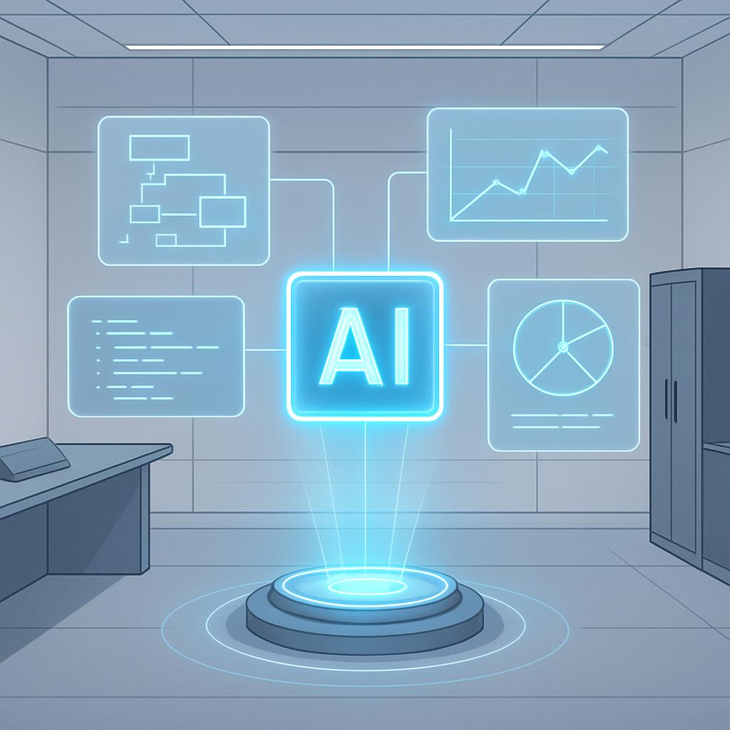 The image depicts a futuristic, high-tech room with various screens displaying graphs and charts, featuring the acronym AI...